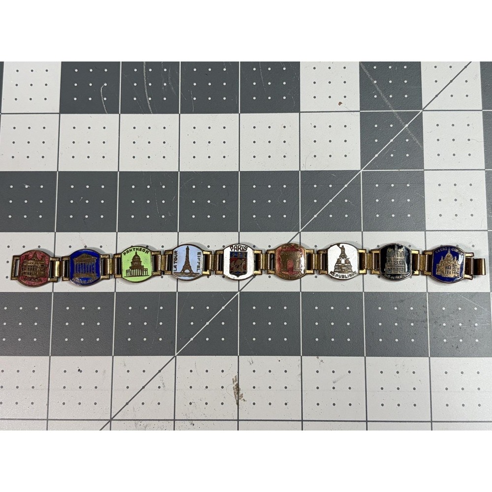 Vintage Paris France Landmarks Souvenir Bracelet 9 Small Panels Brass ? Enamel